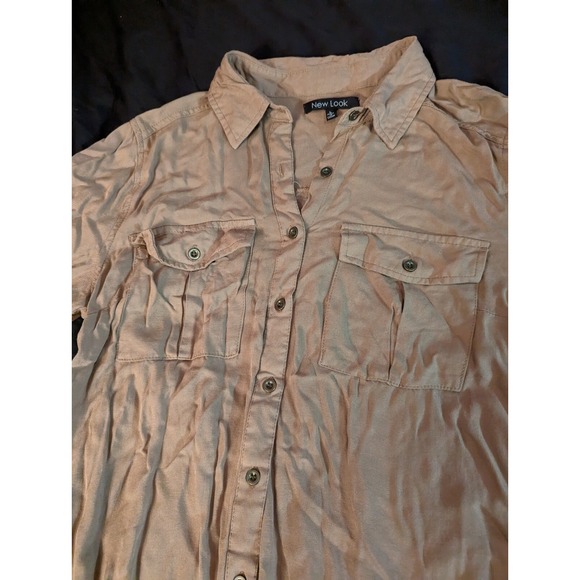 New Look tan button down L dress adjustable 3/4 to long sleeve - Picture 9 of 11